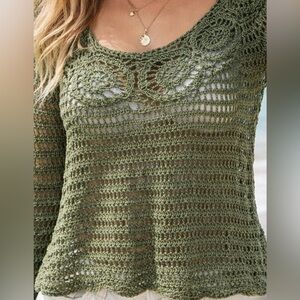Crochet Top Beach Cover Up Olive Green Boho Indie Festival Sheer Earthy Layer